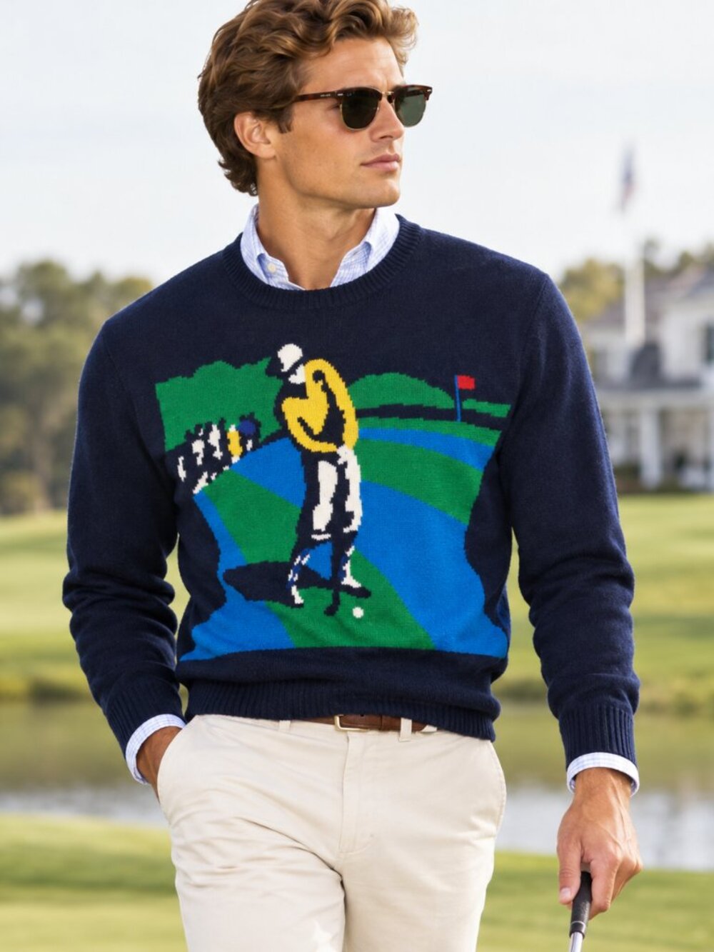 Vintage 80s John Ashford Men's Blue Golf Image Knit Sweater Large L Preppy Sport